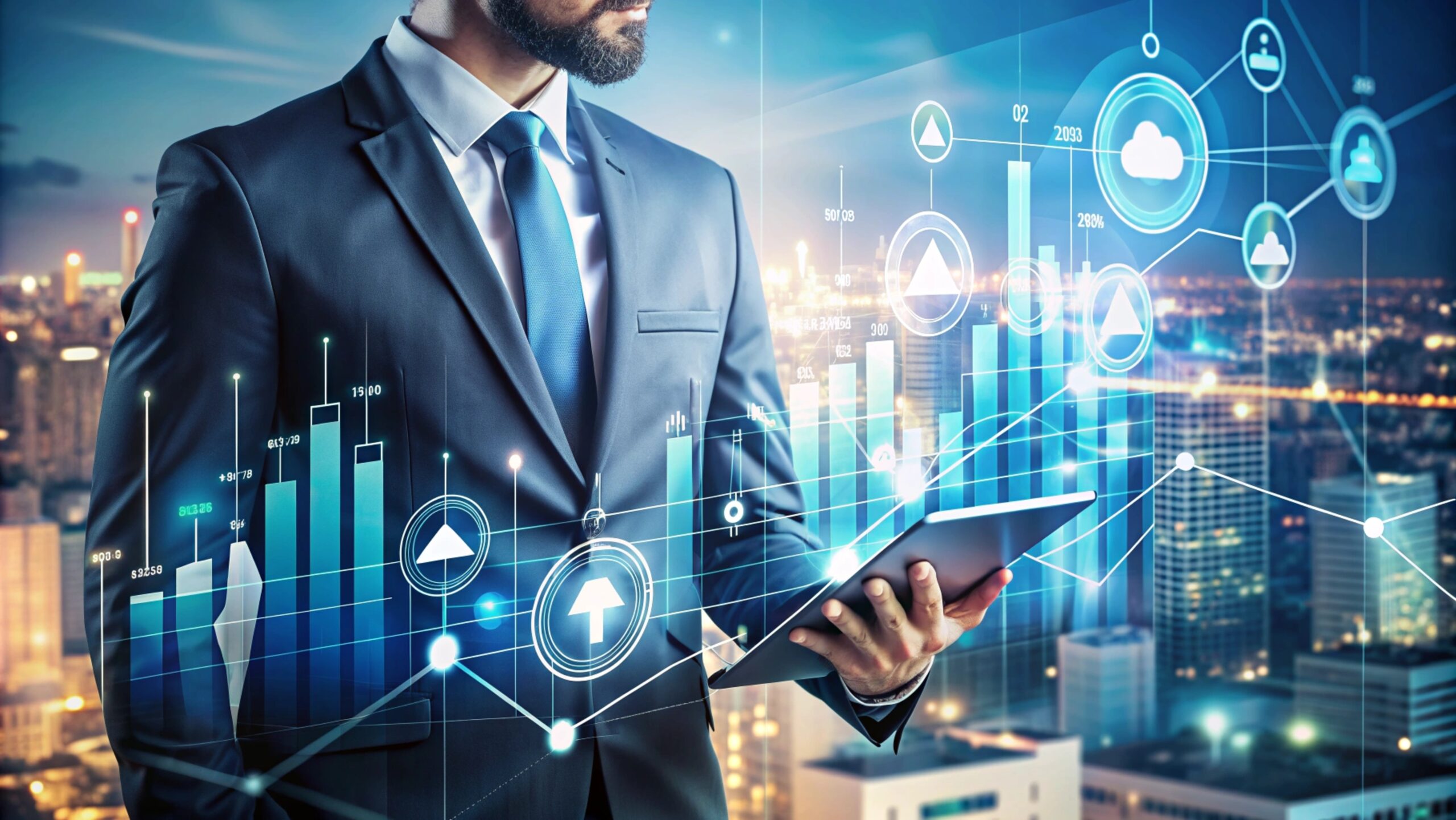 Businessman analyzing data on tablet, cityscape background.